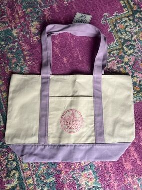 Large Trader Joe's Lavender & Cream Canvas Tote